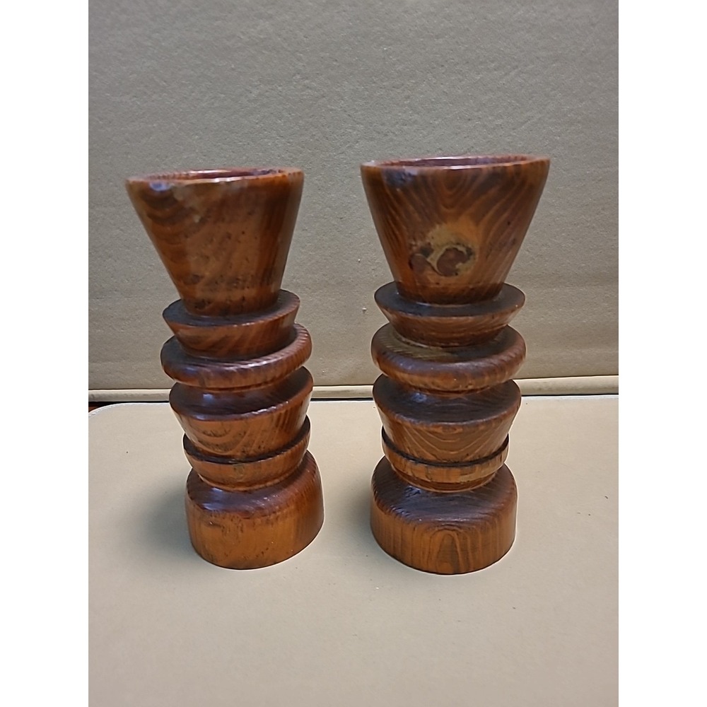 Pair of Hand Turned Wood Candle Holders 8" Tall Burl Wood - Picture 3 of 8